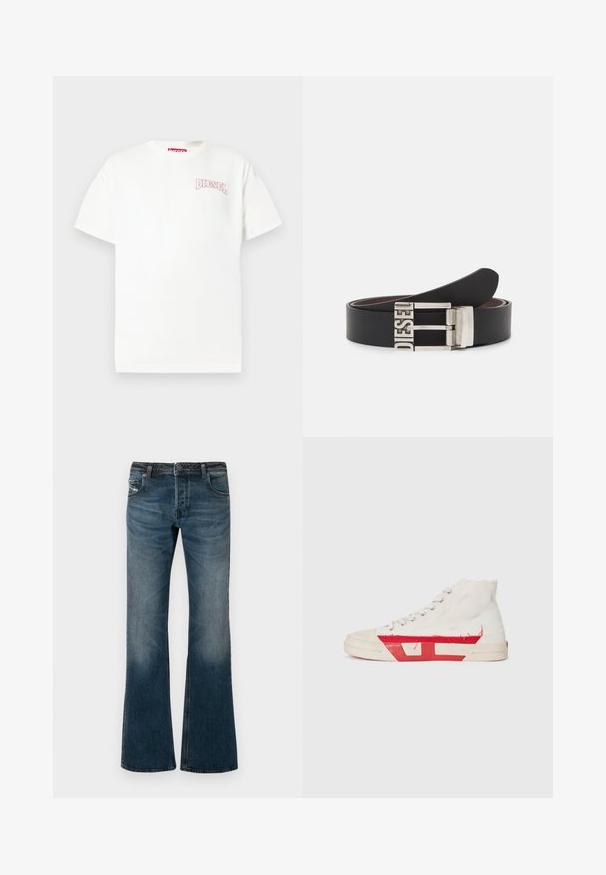 T-shirt en coton blanc à manches courtes, arborant un logo "DIESEL" rose brodé sur le côté gauche de la poitrine et un col rond classique.; Jean en denim bleu délavé avec un design à jambes évasées, cinq poches et une ceinture sombre. Présente un léger effet de décoloration au niveau des cuisses.; Baskets montantes avec une tige en toile blanche, des accents en caoutchouc rouge et un détail d'ourlet effiloché, avec des œillets en argent et une semelle texturée.; Ceinture en cuir noir avec une boucle en métal argenté portant le texte en relief "DIESEL". Le design est épuré avec une texture lisse.
