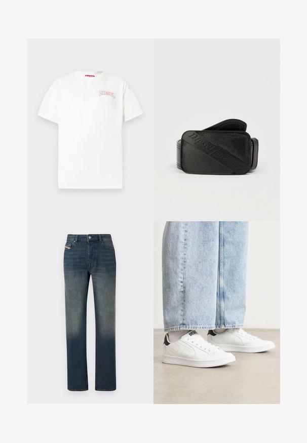 T-shirt en coton blanc à manches courtes, arborant un logo "DIESEL" rose brodé sur le côté gauche de la poitrine et un col rond classique.; Jean en denim bleu à jambe droite avec lavage délavé, fermeture avant par bouton et fermeture éclair, et design à cinq poches.; Baskets blanches avec une texture en cuir lisse, accents noirs au talon et détails perforés. Associées à un pantalon en denim large de couleur bleu clair.; Ceinture noire présentant un design texturé avec un logo en relief bien visible. Le matériau semble lisse avec une finition en cuir.