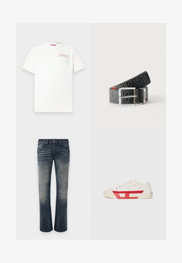 T-shirt en coton blanc à manches courtes, arborant un logo "DIESEL" rose brodé sur le côté gauche de la poitrine et un col rond classique.; Jean droit en denim bleu foncé délavé avec des sections effacées, des plis subtils et des détails usés. Fermeture par bouton avec cinq poches.; Baskets en toile avec un dessus blanc, des accents en caoutchouc rouge et un design texturé. Elles présentent une tête arrondie et cinq œillets pour les lacets.; Ceinture noire Diesel avec grand texte logo blanc, boucle rectangulaire en argent, et détail de boucle métallique brandée, enroulée sur un fond clair.