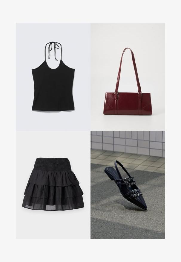 Top noir sans manches à col licou avec fines bretelles nouées derrière le cou, ajusté au niveau du torse, présenté sur un fond clair uni.; Jupe noire à volants avec une taille smockée. Elle présente trois couches de volants et un tissu léger pour un look fluide.; Sandale plate noire à bout pointu avec plusieurs sangles à boucle et un talon arrière, positionnée au-dessus d'une surface pavée et d'un mur carrelé en arrière-plan.; Sac à main bordeaux en matériau brillant, de forme rectangulaire, avec deux anses et des accents légèrement courbés à l'avant.