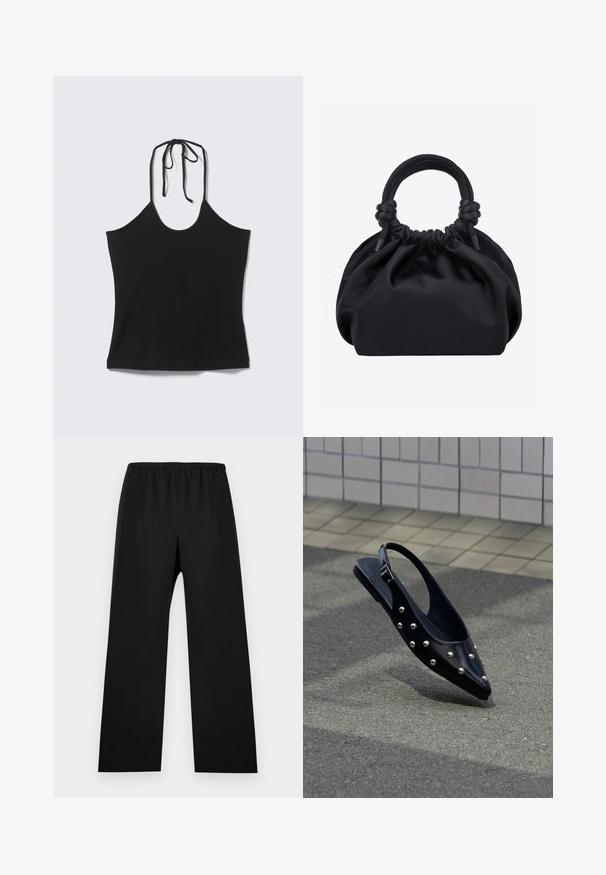Top noir sans manches à col licou avec fines bretelles nouées derrière le cou, ajusté au niveau du torse, présenté sur un fond clair uni.; Pantalon noir à jambes droites avec une taille élastique, sans poches visibles ni ornements, présenté sur un fond uni.; Chaussure slingback noire à bout pointu avec des clous argentés, flottant au-dessus d'un bitume près d'un mur carrelé en arrière-plan.; Sac à main en tissu noir doux avec haut froncé et poignées circulaires rembourrées nouées de chaque côté.