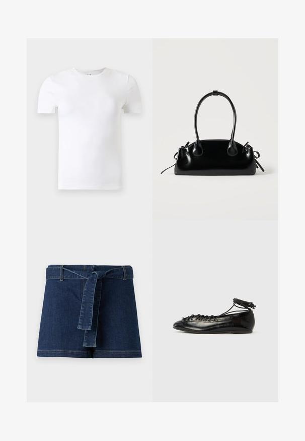 T-shirt blanc uni à manches courtes et col rond présenté sur un fond gris clair.; Shorts en denim bleu foncé, dotés d'une large ceinture et d'une ceinture en tissu. Texture lisse avec des détails de surpiqûres visibles sur l' ourlet.; Ballerines en cuir verni noir avec un bout rond, un design à lacets et une semelle plate. Texture lisse avec peu de détails.; Petit sac à main noir brillant avec deux longues anses et des détails à cordon sur les côtés sur un fond clair uni.