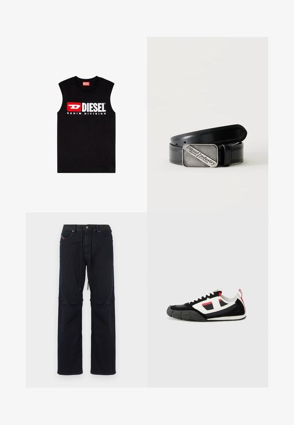 T-shirt noir sans manches en coton, arborant un logo "DIESEL" blanc prominent et une boîte d'accent rouge, avec "DENIM DIVISION" en dessous.; Pantalon en denim bleu marine foncé à coupe décontractée, doté d'une taille à cordon, de cinq poches et de coutures contrastantes subtiles.; Diesel S PAGODHA LOW - Baskets basses - black; Ceinture en cuir noir avec une boucle rectangulaire argentée portant le texte gravé "Diesel Industry Denim Division" sur un fond clair à rayures.
