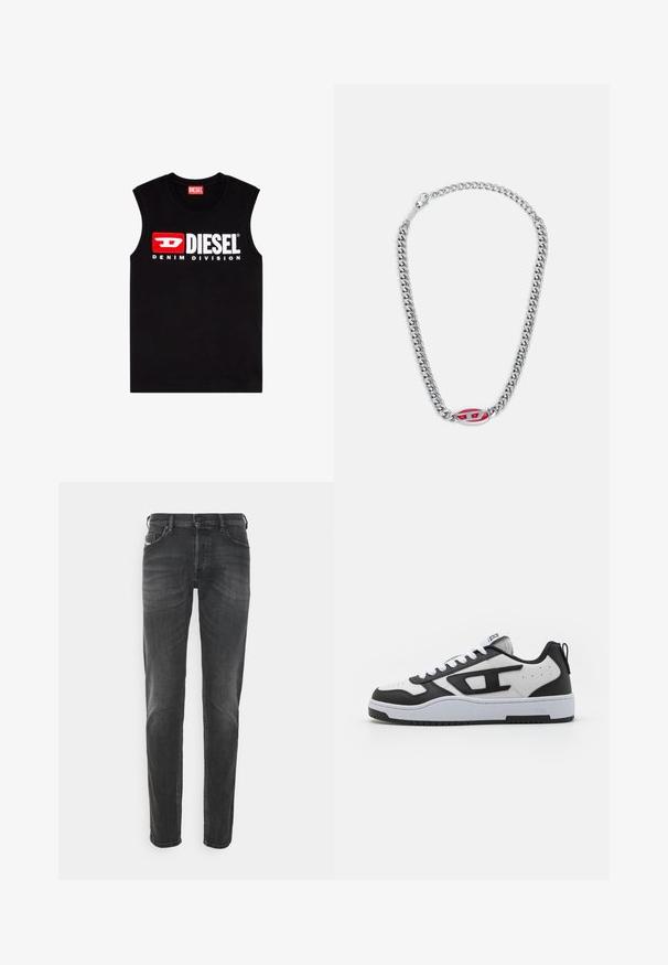 T-shirt noir sans manches en coton, arborant un logo "DIESEL" blanc prominent et une boîte d'accent rouge, avec "DENIM DIVISION" en dessous.; Jean en denim noir avec une coupe droite classique, un léger délavage et un design à cinq poches avec des détails de couture contrastés.; Baskets blanches et noires avec une tige en cuir texturé, un col rembourré, un bout rond et une semelle en caoutchouc contrastante. Comprend des lacets blancs et un détail de logo.; Diesel NECKLACE - Collier - silver coloured