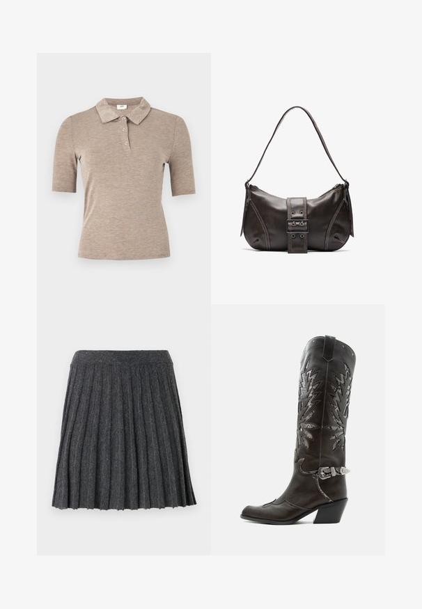 JDY JDYSANNI - Polosärk - medium grey melange; Vero Moda Knitted VMMARINA Short - Miniseelik - dark grey; Mustast nahast kameelisaap kaunistavate lõigetega, hõbedase pandla ja kaldu kannaosaga, valgel taustal.; Pruunist nahast õlakott kumerate joontega, millel on silmapaistev pandla detail, kontrastne õmblus ja üks õlavarre rihm.