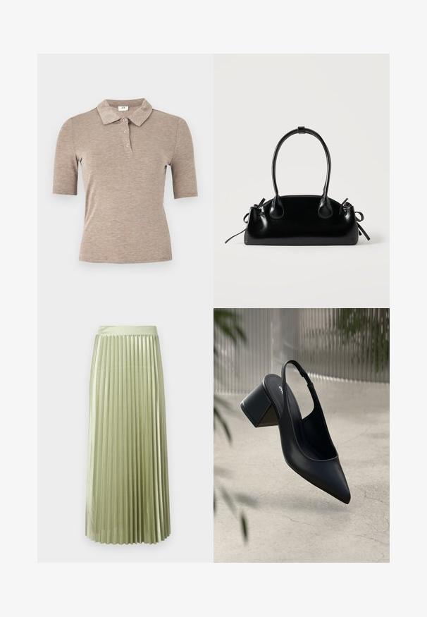 JDY JDYSANNI - Polosärk - medium grey melange; Kerged midi seelik heledast rohelisest satiinist sileda tekstuuriga. Üksikasjalik vöökoht, ulatub kanna keskelt, omab ühtlasi vertikaalseid voldikuid kogu ulatuses.; Must musta slingback-kreen, millel on terav nina ja plokknina. Sile tekstuur, minimaalne disain ja reguleeritav pahkluu rihm.; Väike must läikiv käekott kahe pika sangaga ja külgedel paelakinnitustega, ühel lihtsal helel taustal.