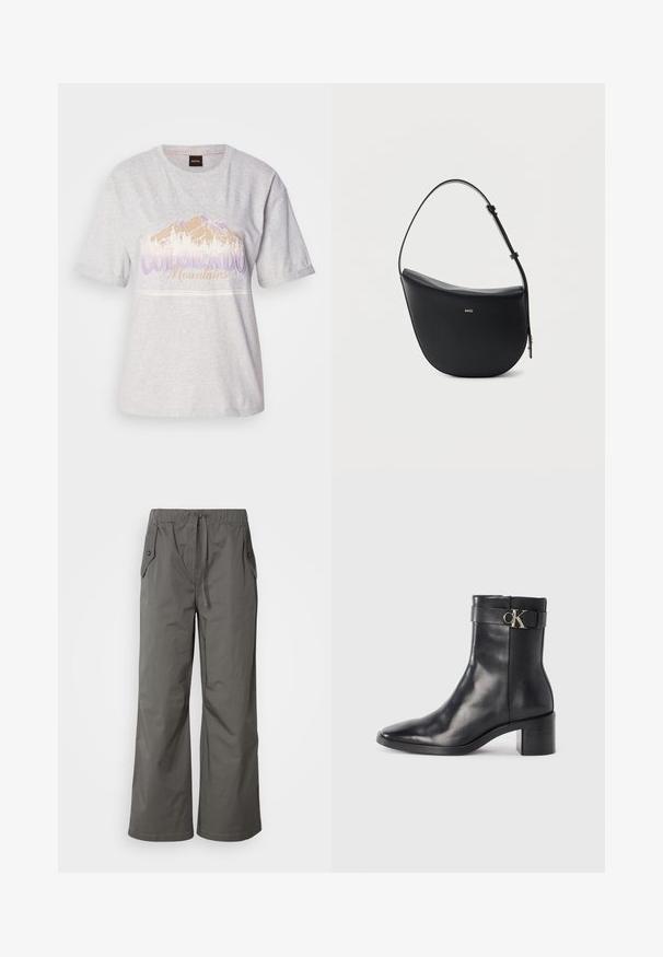 Helle graue Baumwoll-T-Shirt mit kurzen Ärmeln, das ein Berggrafik und Text in Violett und Beige zeigt. Runder Halsausschnitt, lockere Passform.; Graue weit geschnittene Hose aus leichtem Stoff, mit elastischem Bund, Kordelzug und zwei seitlichen Taschen mit Knopfakzenten.; Schwarze Leder-Ankle Boots mit spitzem Zehenbereich, Blockabsatz und einem Riemen mit einem metallischen Logodetail. Glatte Textur und minimales Design.; Schwarze halbmondförmige Lederschultertasche mit verstellbarem Schulterriemen und goldenem "BOSS"-Logo mittig vorne.