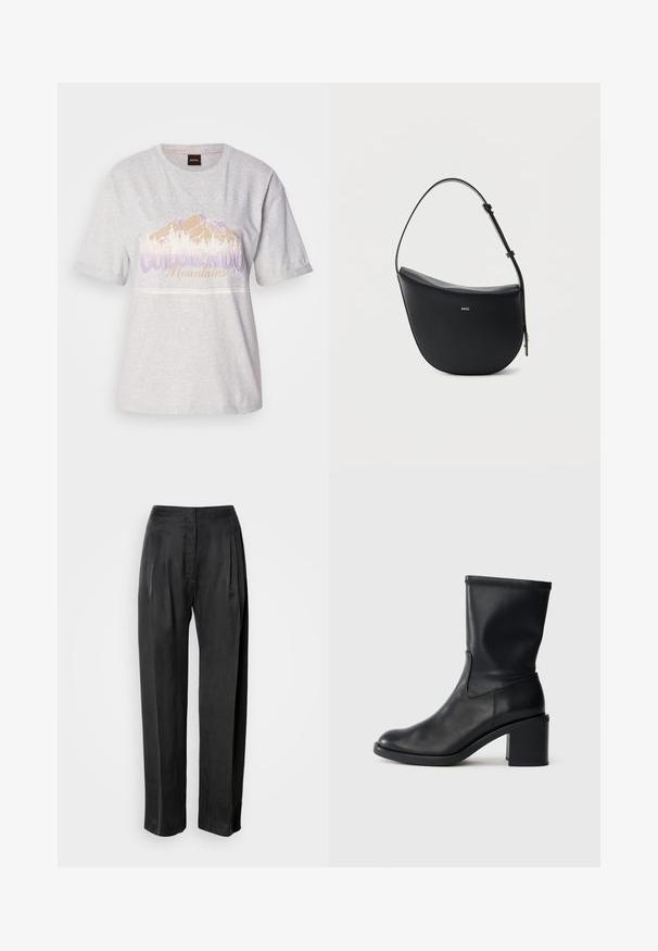 T-shirt en coton gris clair à manches courtes, avec un graphisme de montagne et du texte en violet et beige. Encolure ronde, coupe décontractée.; Pantalon noir à jambes larges en tissu lisse, avec plis sur le devant, braguette zippée et ceinture classique.; Botte en cuir noir à cheville avec un bout rond, texture lisse et un talon épais, présentant un tige ajustée et un subtil détail de couture.; Sac à bandoulière en cuir noir en forme de demi-lune avec une bandoulière réglable et le logo doré « BOSS » centré sur le devant.