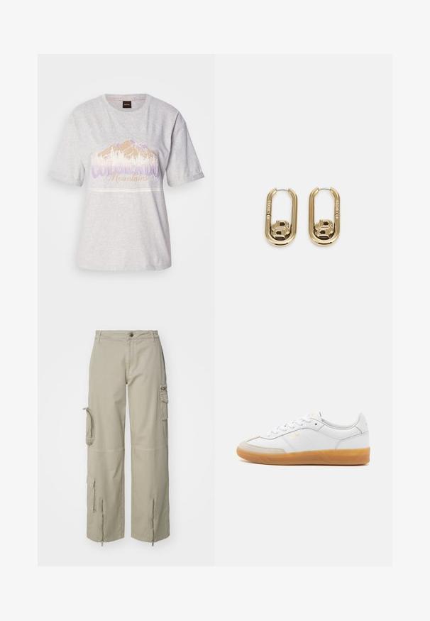 Lys grå bomulds t-shirt med korte ærmer, der har et bjerggrafik og tekst i lilla og beige. Rund halsudskæring, afslappet pasform.; Beige cargo bukser lavet af bomuld. Har store sidelommer, lynlåsåbninger ved manchetterne og et afslappet, bredt ben-design.; Hvide lædersneakers med beige ruskindsdetaljer, gummisål og snøredesign. Har diskret branding i guld.; BOSS DOUBLE B SWING - Øreringe - gold-coloured