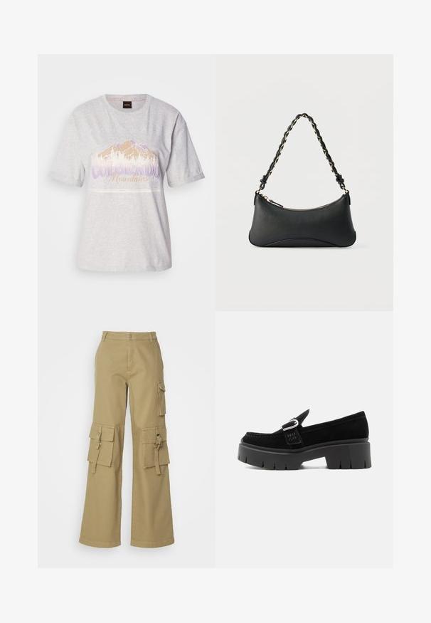 Lys grå bomulds t-shirt med korte ærmer, der har et bjerggrafik og tekst i lilla og beige. Rund halsudskæring, afslappet pasform.; Khaki cargo bukser med et bred ben-design, flere sidelommer og en frontknaplukning. Fremstillet af holdbart bomuldsstof.; Sort ruskindslipper med kraftig sål, sølvspænde og præget "HUGO" på sidesnoren, vist fra ydersiden.; Sort skuldertaske i læder med en buet rektangulær form, gyldent kæde vævet ind i en flettet sort rem og toplynlås.