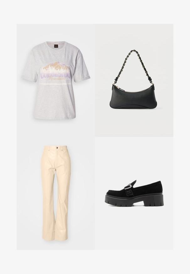 Helle graue Baumwoll-T-Shirt mit kurzen Ärmeln, das ein Berggrafik und Text in Violett und Beige zeigt. Runder Halsausschnitt, lockere Passform.; Beige Fake-Leder Schlaghosen mit glatter Textur, ausgestattet mit Vordertaschen, einem Knopfverschluss und einem dezenten, glänzenden Finish.; Schwarzer Wildleder-Slipper mit klobiger Profilsohle, silberner Schnallendetail und geprägtem "HUGO" auf dem seitlichen Riemen, dargestellt von der Außenseite.; Schwarze Lederschultertasche mit gewölbter rechteckiger Form, goldener Kette, die in den geflochtenen schwarzen Riemen eingewebt ist, und Reißverschlussverschluss oben.