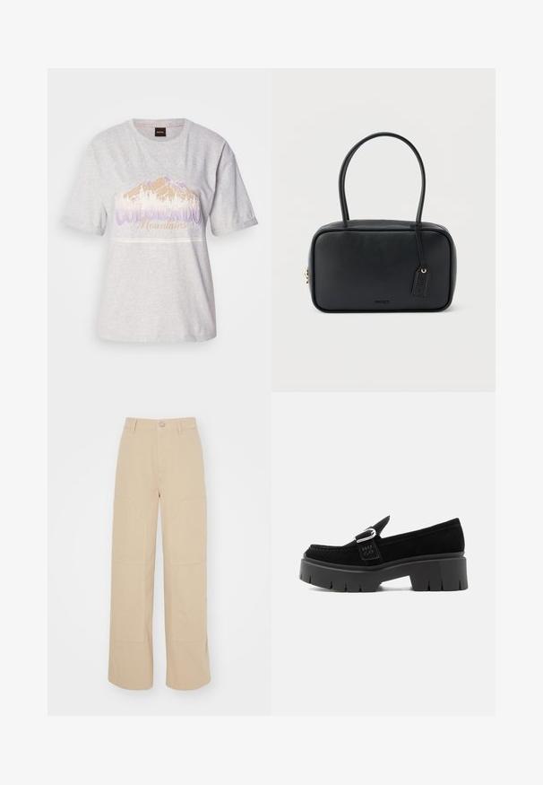 T-shirt en coton gris clair à manches courtes, avec un graphisme de montagne et du texte en violet et beige. Encolure ronde, coupe décontractée.; Pantalons larges beiges en coton. Présente deux grandes poches avant et une fermeture à bouton en métal à la taille. Texture lisse.; Mocassin en daim noir avec semelle à crampons épaisse, détail boucle argentée et inscription "HUGO" en relief sur la lanière latérale, vu de côté extérieur.; Sac à main rectangulaire noir avec doubles poignées arrondies, fermeture éclair dorée et logo "HUGO" embossé sur le devant avec une étiquette en cuir attachée.