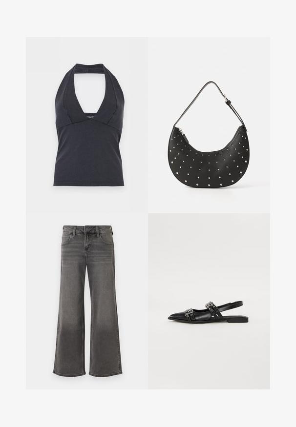 Top noir à encolure halter avec un profond décolleté en V et une taille cintrée, sans manches, sur un fond uni.; Jean large gris en denim, présentant un design classique à cinq poches, fermeture à bouton et détails de couture le long des coutures.; Even&Odd by Zalando Ballerines à brides arrière - black; Sac à main en cuir noir avec une forme arrondie, orné de clous en argent, doté d'une fermeture éclair et d'une seule sangle ajustable.