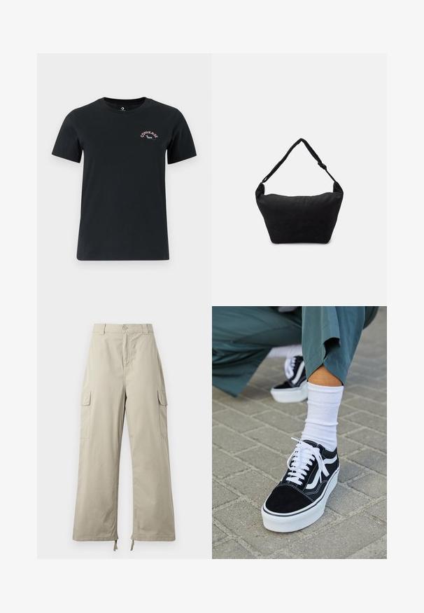 Mustast lühikeste varrukatega T-särk, mis on valmistatud puuvillast. Omab ümarat kaelust ja väikest värvilist "Converse" logo vasakul ülemisel rinnal.; Heledad beez cargo püksid lõdva istuvusega, nupuvajutusega kinnitamine, küljetaskud ja reguleeritav äär sidemetega. Sile kangatekstuur.; Mustjad sametist tennisjalanõud valgete aktsentide ja nööridega, millel on paks valge tald ja kontrastsed õmblused, koos valge sokiga.; Must mustriga mustriga kott musta kangast, pehme tekstuuriga pinnaga, ümar kuju ja ühe rihmaga. Minimalistlik disain, ilma nähtava riistvara või aktsentideta.