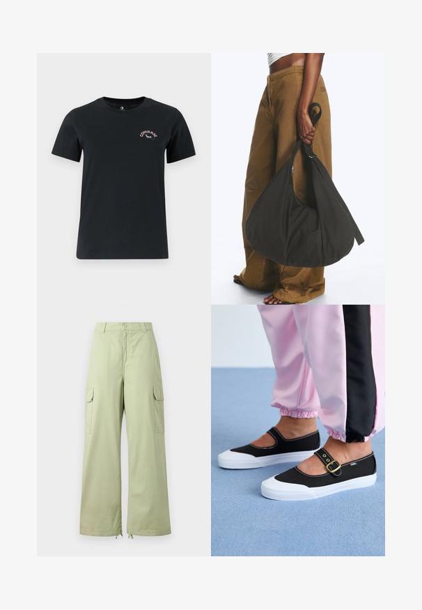 Schwarzes T-Shirt mit kurzen Ärmeln aus Baumwolle. Mit Rundhalsausschnitt und einem kleinen, farbigen "Converse"-Logo auf der oberen linken Brust.; Helle grüne Cargo-Hose mit weitem Bein, aus Baumwolle. Verfügt über zwei Seitentaschen und einen Knopfverschluss. Glatte Textur und lässiges Design.; Schwarze Leinenschuhe mit einer weißen Sohle, die ein Ausschnittdesign und einen goldenen Schnallenriegel aufweisen. Getragen mit rosa Sporthosen.; Person trägt braune weite Hose und weißes Oberteil und hält eine große schwarze weiche Handtasche an der Seite am Trageriemen.
