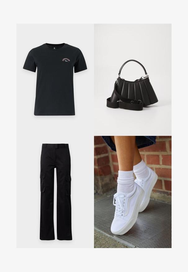 Camiseta negra de manga corta hecha de algodón. Presenta un cuello redondo y un pequeño logo de "Converse" de color en la parte superior izquierda del pecho.; Pantalones cargo negros fabricados con un material duradero, que cuentan con dos bolsillos laterales y un diseño de pierna recta. Textura suave con un ajuste clásico.; Zapatillas de lona blancas con suelas de goma, que presentan seis ojales, puntera redonda y detalles de costura ligera, combinadas con calcetines blancos hasta el tobillo.; Bolso de mano negro con pliegues, manejo redondeado, correa ajustable y textura brillante. Presenta herrajes plateados y una silueta estructurada.