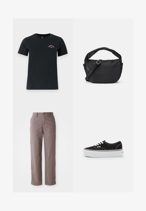 Camiseta negra de manga corta hecha de algodón. Presenta un cuello redondo y un pequeño logo de "Converse" de color en la parte superior izquierda del pecho.; Pantalones de algodón de sarga marrón con corte recto, con cierre de botón frontal y bolsillos laterales, textura suave y líneas limpias.; Zapatilla de lona negra con suela de plataforma de goma blanca, que presenta cordones y costuras blancas, con branding icónico en el lateral, diseño de corte bajo.; Bolso de hombro de tela negra con un asa retorcida, una correa desmontable y un cierre superior con cremallera. Textura suave y diseño minimalista.