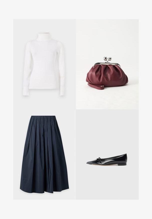 Pull en col roulé blanc, taille ajustée, manches longues, texture douce, tissu lisse, detailing minimal, poignets et col côtelés.; Jupe midi plissée bleu marine foncé avec une taille élastique et une silhouette fluide sur un fond clair uni.; Chaussure plate en cuir verni noir avec un bout pointu, une petite lanière décorative et un petit talon carré. Texture lisse et design épuré.; Petit sac pochette en cuir bordeaux avec fermoir métallique argenté et bracelet sur fond blanc.