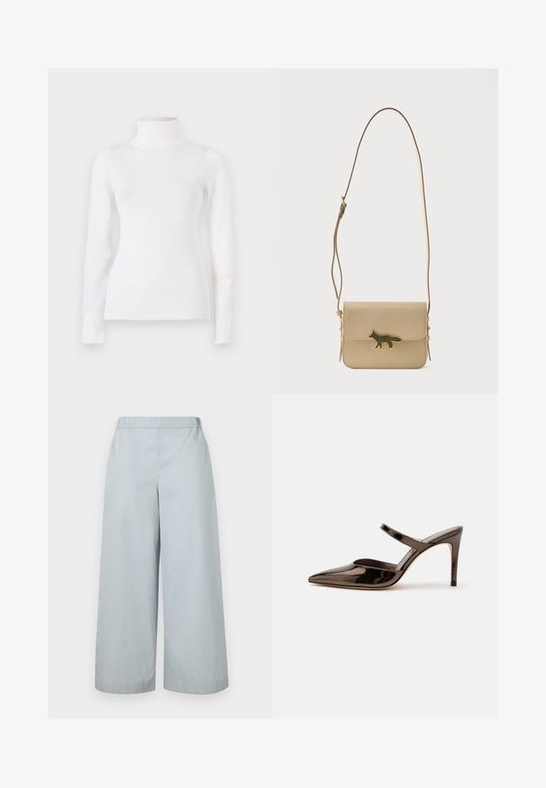 Suéter blanco de cuello vuelto, diseño ajustado, mangas largas, textura suave, tela lisa, detalles mínimos, puños y cuello acanalados.; MM by MaxMara ANTILLE - Pantalones - light blue; Mule de tacón alto de punta estrecha de color marrón oscuro brillante con una tira delgada sobre el empeine sobre un fondo blanco liso.; Bolso cruzado de cuero beige con correa ajustable y cierre dorado con forma de zorro en la solapa frontal.