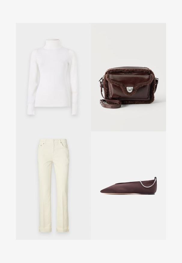 Pull en col roulé blanc, taille ajustée, manches longues, texture douce, tissu lisse, detailing minimal, poignets et col côtelés.; Jean droit jaune pâle en coton, avec une coupe cinq poches, des passants de ceinture et des poignets retroussés à l'ourlet.; Chaussure plate marron foncé à bout pointu avec un petit talon et un détail chaîne en strass argentée à l'arrière.; Sac bandoulière en cuir marron foncé avec bordure en shearling doux, poche avant à rabat avec fermoir argenté et bandoulière réglable.