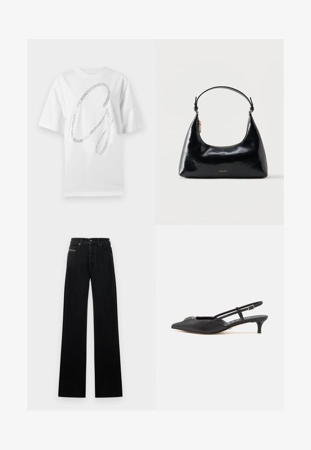 T-shirt blanc en coton à manches courtes avec un grand graphique argenté pailleté de la lettre "G" sur le devant.; Jean noir à jambes larges en denim, avec une fermeture frontale à boutons, cinq poches, et un petit patch logo sur la ceinture.; Chaussures noires à talon slingback avec un bout pointu, en matériau lisse, dotées d'un petit talon et d'un accent décoratif en argent sur le dessus.; Sac à main Calvin Klein noir brillant avec fermeture éclair dorée et anse courte sur fond blanc uni.