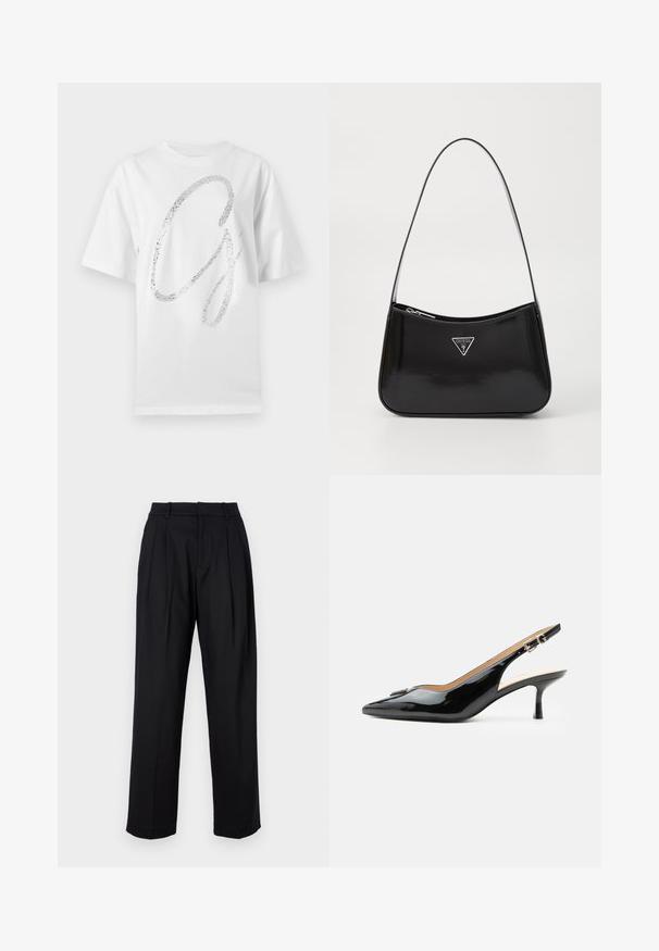 T-shirt blanc en coton à manches courtes avec un grand graphique argenté pailleté de la lettre "G" sur le devant.; Pantalons noirs au design ajusté, avec une taille haute, des plis et une coupe droite. Fabriqués en tissu lisse de couleur unie.; Escarpin slingback en cuir verni noir avec bout pointu, petit talon kitten et bride à boucle argentée sur fond blanc uni.; Sac à épaule en cuir verni noir avec une forme incurvée, présentant un logo triangle en argent et une fermeture éclair. Texture lisse et bandoulière fine.