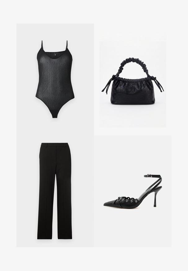 Μαύρο διχτυωτό bodysuit με λεπτές τιράντες και διακριτό σχέδιο με μικρές κουκίδες καθ' όλη τη διάρκεια.; Μαύρο, κομμένο παντελόνι με ίσια γραμμή, που διαθέτει επίπεδο μπροστινό μέρος, χωρίς τσέπες και ομαλή υφή υφάσματος.; Μαύρο γυναικείο παπούτσι με ψηλό τακούνι και μυτερή μύτη, με κυματιστά άκρα, μεταλλικά πόρπες, κορδόνια μπροστά και λουράκι στον αστράγαλο με κούμπωμα.; Μαύρη τσάντα με υφή κροκοδείλου, με πτυχώσεις στην πάνω άκρη, μαζεμένη λαβή και κορδόνια με φούντες σε κάθε πλευρά, πάνω σε λευκό φόντο.