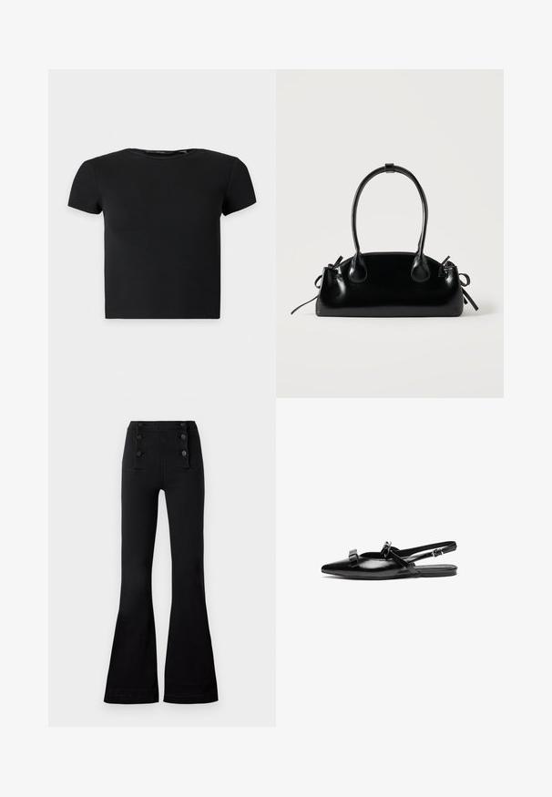 Top corto negro de manga corta con textura acanalada y escote redondo, mostrado sobre un fondo claro liso.; Pantalones acampanados negros de mezclilla con una cintura alta, que presentan cuatro botones decorativos en la parte delantera y una textura suave.; Zapato plano tipo slingback de cuero negro con punta afilada, que presenta acentos de volantes en el empeine y una correa ajustable en el tobillo. Textura de superficie suave.; Pequeño bolso negro brillante con dos asas largas y detalles de cordón lateral sobre un fondo claro liso.