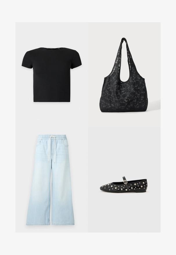 Top corto negro de manga corta con textura acanalada y escote redondo, mostrado sobre un fondo claro liso.; Pantalones vaqueros de pierna ancha color azul claro con cintura elástica y cordón blanco, con bolsillos delanteros y sutiles desgastes.; Zapatos de ballet de piel negra con punta afilada, adornados con tachuelas plateadas y una correa con hebilla lateral. Superficie texturizada con suela plana.; Bolso de hombro de encaje negro con una correa ancha y cuerpo rectangular redondeado, que presenta un patrón de encaje floral sobre un fondo liso.