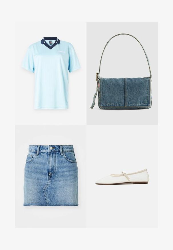 Polo bleu clair à manches courtes avec un col navy. Rayures verticales et logo en accent à l'avant. Tissu lisse et léger.; Une mini jupe en denim de couleur bleu clair, à coupe droite, avec un design à cinq poches et un bouton de fermeture, présentant une texture légèrement délavée.; Chaussure plate Mary Jane blanche avec bout pointu, fine bride réglable avec boucle argentée, et semelle marron sur fond blanc.; Sac à épaule en denim avec un design à rabat, couleur bleu clair, couture visible, bandoulière ajustable et accent avec étiquette latérale.