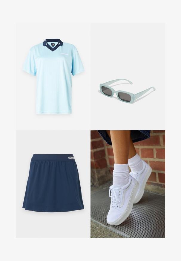 Polo bleu clair à manches courtes avec un col navy. Rayures verticales et logo en accent à l'avant. Tissu lisse et léger.; Jupe-culotte en tissu doux bleu marine avec une taille élastique. Présente un design froncé et un petit logo sur la taille.; Baskets en toile blanches avec semelles en caoutchouc, dotées de six œillets, d'un bout rond et de détails de couture légers, portées avec des chaussettes blanches mi-mollet.; Une paire de lunettes de soleil rectangulaires avec des montures translucides bleu clair et des verres gris foncé, présentant des branches droites et des détails matériels minimaux.