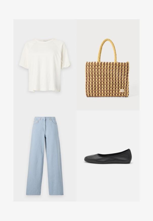 CLOSED WIDE SLEEVE - T-shirt basique - ivory; REMAIN COCOON PANTS - Wide Leg - light blue; Ballerines en cuir noir avec un bout rond, texture lisse, détails de couture minimalistes et design de semelle flexible.; Sac tissé marron et jaune, de forme rectangulaire, avec deux poignées, et une finition texturée avec des coutures visibles et une étiquette de marque.
