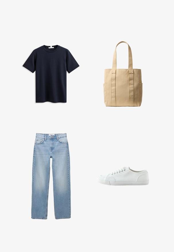 Navyblauw T-shirt met korte mouwen van zachte katoen, met een klassieke ronde hals en een comfortabele pasvorm, zonder zichtbare merk- of patroon. ; Lichtblauwe denim jeans met een recht model, vijf zakken en zichtbare stiksels. De stof heeft een zachte, iets vervaagde textuur.; Witte lage canvas sneaker met vetersluiting aan de voorkant, rubberen zool en een getextureerde neuskap, weergegeven vanaf de buitenkant op een witte achtergrond.; Beige Calvin Klein canvas totebag met twee lange handvatten, verticale merknaam borduursel op de voorste banden en zijzakken.