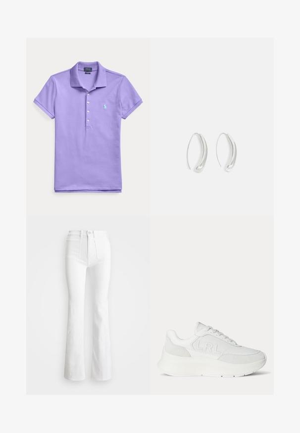 Lyse lilla polo shirt med korte ærmer og krave, fire hvide knapper og et lille broderet lyseblåt hestelogo på venstre bryst.; Hvide flared jeans med høj talje, lavet af denim. Har to frontlommer og slidser i bunden. Rent design uden synlige detaljer.; Hvid læder sneaker med tyk sål og "LRL" præget på siden, med snørebånd og ruskind accents på hæl og tå områder.; Sølvøreringe med en glat, buet design. Har en poleret overflade og en slank, minimalistisk form. Velegnet til forskellige anledninger.