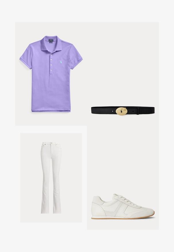 Lyse lilla polo shirt med korte ærmer og krave, fire hvide knapper og et lille broderet lyseblåt hestelogo på venstre bryst.; Hvide jeans med vidde i benene lavet af bomuldsblanding. Har høj talje, frontlommer og knaplukning foran. Glat tekstur uden mønstre.; Hvid lavtop sneaker med snørelukning foran, ruskind- og læderpaneler og en lysebrun gummisål på en hvid baggrund.; Sort læderbælte med en skinnende guldbolet spænde med en lille graveret polo-spiller logo i midten.