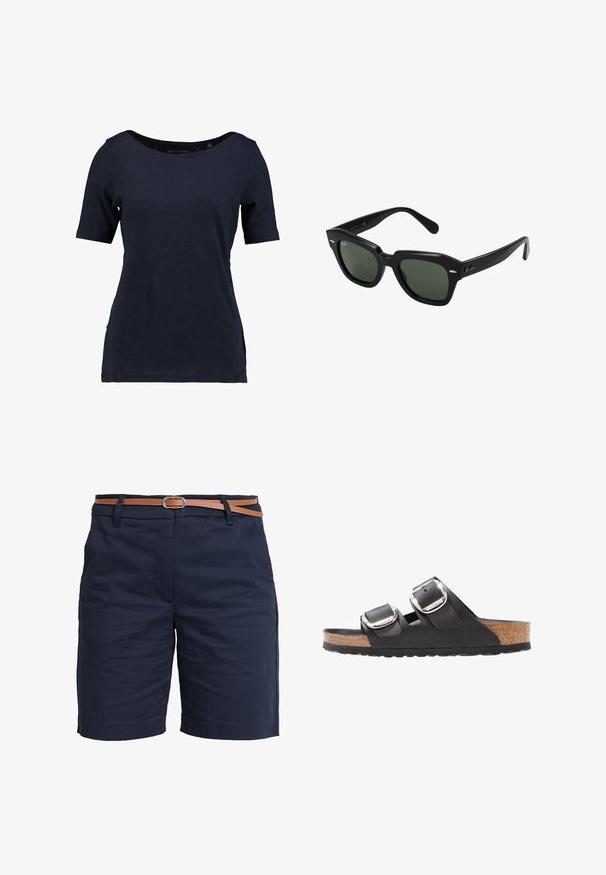 Mørkeblå kortærmet t-shirt lavet af bomuld. Har en rund halsudskæring og en afslappet pasform med sideudskæringer for bedre bevægelsesfrihed.; Mørkeblå bomulds shorts med en glat tekstur, udstyret med et brunt læderbælte og en klassisk lige benudskæring. Ingen synlige mønstre eller dekorationer.; Sort sandal med to justerbare remme, sølvspænder og en korksål på en struktureret sort gummisål.; Sorte firkantede solbriller med mørkegrønne linser, der har kraftige stel og sølvdetaljer på siderne. Fremstillet i Italien.