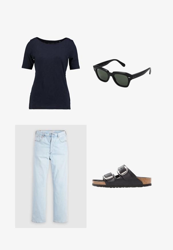 Kragenloses T-Shirt aus Baumwolle in Marineblau mit kurzen Ärmeln. Es verfügt über einen U-Boot-Ausschnitt und einen lockeren Schnitt mit seitlichen Schlitzen für mehr Bewegungsfreiheit.; Hellblaue Jeans mit hoher Taille und geradem Bein, mit Knopfleiste sowie Vorder- und Gesäßtaschen, auf schlichtem weißem Hintergrund.; Schwarze Sandale mit zwei verstellbaren Riemen, silbernen Schnallen und einem Korkfußbett auf einer strukturierten schwarzen Gummisohle.; Schwarze quadratische Sonnenbrillen mit dunkelgrünen Gläsern, ausgestattet mit markanten Rahmen und silbernen Akzenten an den Seiten. Hergestellt in Italien.