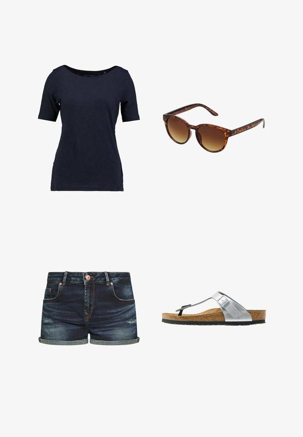 Mørkeblå kortærmet t-shirt lavet af bomuld. Har en rund halsudskæring og en afslappet pasform med sideudskæringer for bedre bevægelsesfrihed.; LTB JUDIE - Denimshorts - dark blue denim; Tanga sandaler med en sølv læderrem, kork mellemsål og sort gummiyttersål. Har en sølv spænde detalje på siden.; Skildpadde-solbriller med en vintage katteøjeform, gradientbrune linser og en glat, blank finish på stellet og arme.