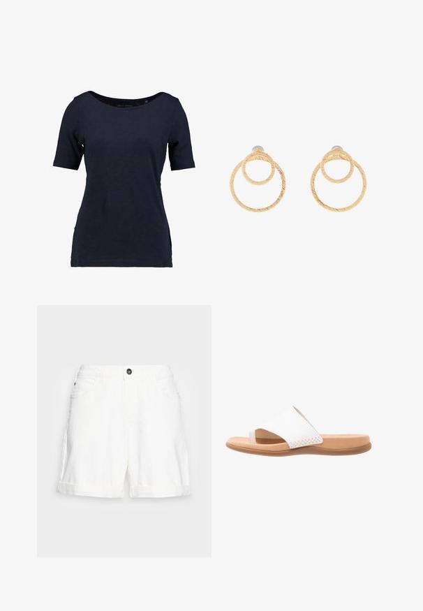 Kragenloses T-Shirt aus Baumwolle in Marineblau mit kurzen Ärmeln. Es verfügt über einen U-Boot-Ausschnitt und einen lockeren Schnitt mit seitlichen Schlitzen für mehr Bewegungsfreiheit.; Weiße Denim-Shorts mit umgeschlagenem Saum, Fünf-Taschen-Design und einem schwarzen Knopf an der Taille. Weicher Stoff und lässiger Schnitt.; Weiße Riemensandalen mit einem strukturierten Lederoberteil, offenes Zedesign und einer gepolsterten, tanfarbenen Sohle. Verfügt über geflochtene Details an der Seite.; Ohrringe aus goldfarbenem Metall in Form von Creolen, die zwei miteinander verbundene Kreise mit strukturierter Oberfläche zeigen. Sie sind mit einer glatten, sicheren Befestigung entworfen.
