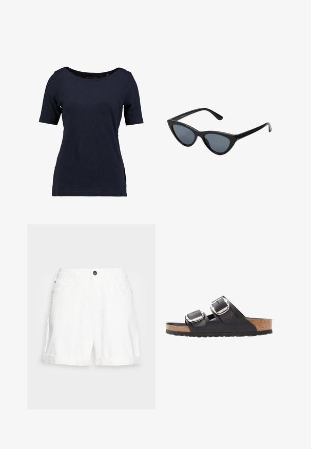 Mørkeblå kortærmet t-shirt lavet af bomuld. Har en rund halsudskæring og en afslappet pasform med sideudskæringer for bedre bevægelsesfrihed.; Hvide denim shorts med en foldet kant, fem-lomme design og en sort knap i taljen. Blød struktur og afslappet snit.; Sort sandal med to justerbare remme, sølvspænder og en korksål på en struktureret sort gummisål.; Sorte katteøje solbriller med mørkegrå linser, slankt plastisk stel, spidse hjørner og lige stænger. Ingen synlig hardware eller dekorationer.