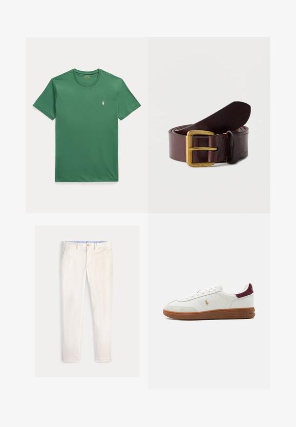 Zelené tričko s krátkym rukávom a okrúhlym výstrihom s malým bielym logom koníka Polo Ralph Lauren na ľavej strane hrudníka.; Pánske štíhle nohavice slonovinovej farby s prednými vreckami, pútkami na opasok a zapínaním na gombík na jednofarebnom pozadí.; Biely nízky teniska s hnedou gumovou podrážkou, zlatým logom hráča póla na boku, bielymi šnúrkami a bordovým semišovým pásikom na päte, značka Ralph Lauren.; Tmavohnedý kožený opasok navinutý s mosadznou prackou, na ktorej je vyrytý nápis Polo na jednoduchom bielom pozadí.