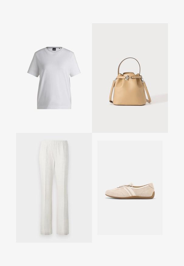 Camiseta de algodón blanca con cuello redondo, mangas cortas y un corte relajado. Presenta una pequeña etiqueta de la marca cerca del cuello.; Pantalones de pierna recta de color claro con una textura suave, que presentan pliegues en la parte frontal y un diseño de cinturilla limpio.; Zapato plano de ante beige con dos franjas de cuero blanco en el lateral, una suela marrón y un cierre de cordón en la parte superior.; Bolso tipo bucket de cuero beige con asa superior, correa de hombro ajustable y cierre de broche en tono plateado sobre un fondo liso.