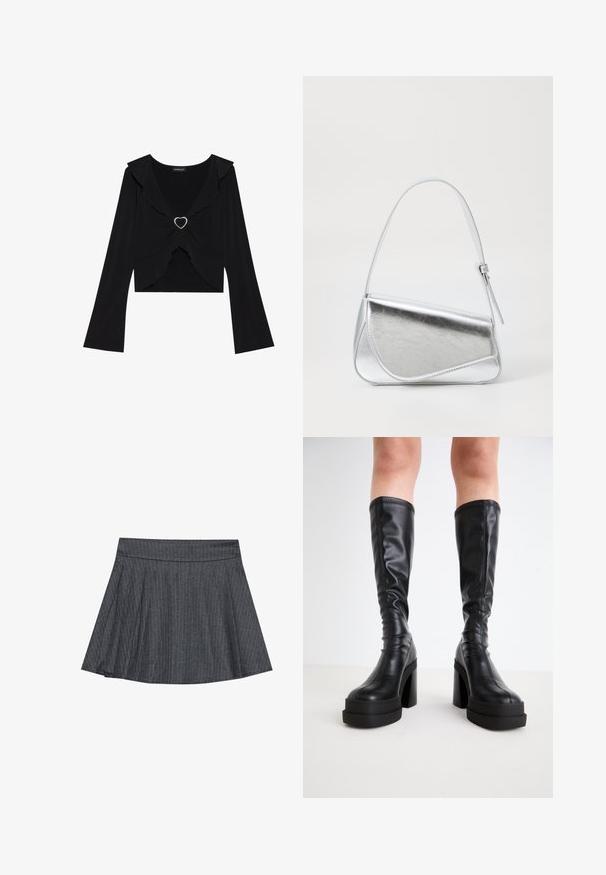 Top negro de manga larga con cuello con volantes y un acento metálico en forma de corazón en la parte delantera. Tela suave, diseño recortado y mangas fluidas.; Falda de patinadora a rayas grises con cintura ceñida, forma acampanada en A y textura de tela suave. Las líneas verticales mejoran el interés visual.; Botas negras de cuero liso hasta la rodilla, con una plataforma gruesa y tacón cuadrado, y detalles de costura a lo largo de los bordes.; Bolso de mano metálico plateado con forma triangular, textura suave y una fina correa de hombro ajustable. Presenta un diseño plegable con costuras.