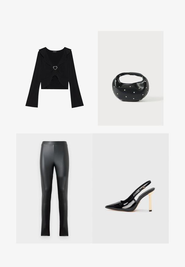 Haut noir à manches longues avec col froncé et accent métallique en forme de cœur à l'avant. Tissu doux, coupe courte et manches évasées.; Leggings noirs en matériau lisse et brillant, dotés d'une taille haute et d'une coupe ajustée. Aucune couture ni embellissement visibles.; Chaussure à talon haut en cuir verni noir, à bout pointu et avec un accent de talon carré doré. Comprend une bride ajustable à la cheville.; Sac à main en cuir noir de forme arrondie, décoré de clous argentés et équipé d'une poignée courte. Texture lisse et fermeture éclair.