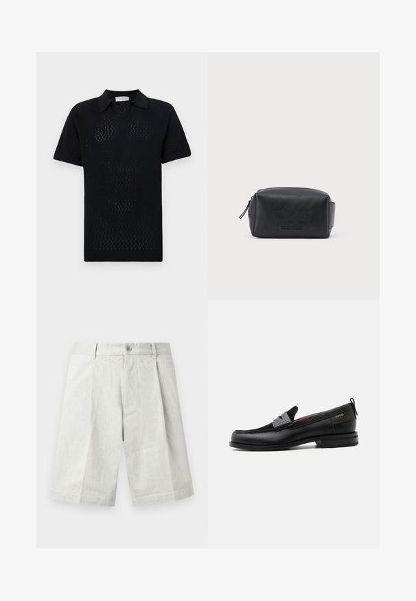 Schwarzes kurzärmliges Polo-Shirt mit einem strukturierten Rautenmuster, ausgestattet mit einem Kragen und geripptem Saum sowie Ärmeln.; Hellgraue Shorts aus strukturiertem Stoff, mit einem Knopfverschluss, Falten und einem geraden Schnitt, geeignet für legere Trageanlässe.; Schwarzer Lederloafer mit grauem Riemendetail, niedrigem Absatz und strukturierter Sohle, seitlich mit „HUGO“ in Gold gebrandmarkt.; Schwarze, rechteckige Leder-Kosmetiktasche mit Reißverschluss und geprägt eingraviertem Markennamen auf der Vorderseite, vor einem schlichten weißen Hintergrund.