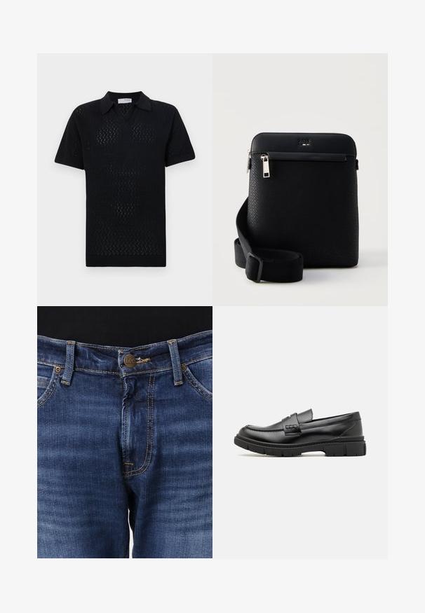 Polo negro de manga corta con un patrón de diamantes texturizado, que presenta un cuello con solapa y dobladillo y mangas acanaladas.; Vaqueros de mezclilla azul con cierre frontal de botones, trabillas para cinturón, remaches de cobre y detalle de costura naranja.; Mocasin de cuero negro con una cinta ancha en el empeine, suela de goma con tacos gruesos y textura suave. Diseño clásico y elegante.; Bolso bandolera negro con textura, con correa ajustable, bolsillo frontal con cremallera y logo grabado cerca de la cremallera superior.
