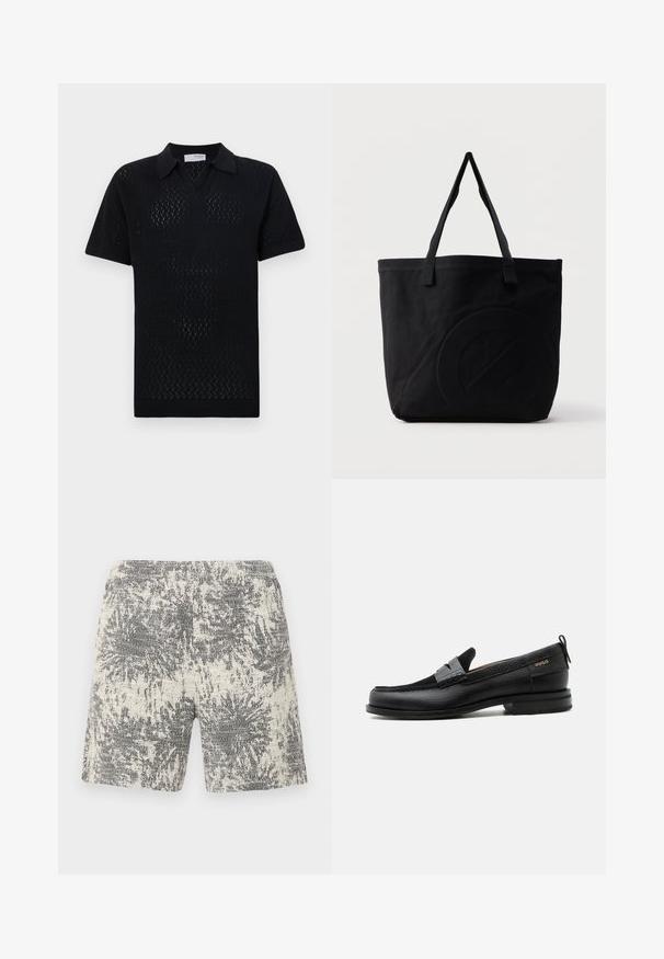 Schwarzes kurzärmliges Polo-Shirt mit einem strukturierten Rautenmuster, ausgestattet mit einem Kragen und geripptem Saum sowie Ärmeln.; Strickshorts in Creme und Schwarz mit einem strukturierten, abstrakten Muster. Der elastische Bund sorgt für Komfort und ein angenehmes Tragegefühl.; Schwarzer Lederloafer mit grauem Riemendetail, niedrigem Absatz und strukturierter Sohle, seitlich mit „HUGO“ in Gold gebrandmarkt.; Schwarze Canvas-Shopper-Tasche mit zwei Schulterriemen und einem dezenten, eingeprägten kreisförmigen Design auf der Vorderseite.