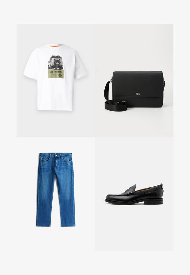 Weißes Baumwoll-T-Shirt mit einem Grafikdesign eines Fahrzeugs und dem Text "ALL-TERRAIN" in Grün, mit einem Schwarz-Weiß-Design. Orangefarbener Innenkragen.; Blaue Straight-Leg-Jeans aus Denim mit fünf Taschen, Knopfverschluss und dezentem Verblassen an den vorderen Oberschenkeln.; Schwarzer Leder-Herrenschuh mit Mokassinnaht, Penny-Riemen, strukturiertem Kragen und niedrigem gestapeltem Absatz auf weißem Hintergrund.; Schwarze Leder-Umhängetasche mit glatter Textur, einer Frontklappe, silbernem Logo-Akzent und einem verstellbaren Stoffriemen.
