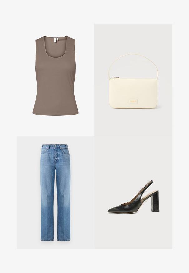 Brun ærmeløs top lavet af glat, strækbart stof. Har en dyb udskæring og en tætsiddende pasform med minimale sømme og ingen udsmykninger.; Lyseblå denim jeans med lige ben-design, der har høj talje, fem lommer og synlige syninger. Teksturen er glat og klassisk.; Sort læder peep-toe slingback sko med høj blokhæl og beige indvendig foring mod en ensfarvet lys baggrund.; Kremfarvet rektangulær håndtaske med en enkelt rem og lynlås øverst, med en lille præget logo-plakette foran.