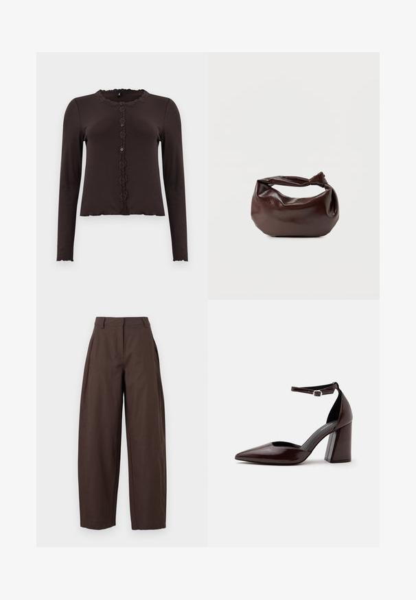 Haut long à manches marron foncé avec une texture côtelée, bordure en dentelle au niveau du col et un devant boutonné avec trois boutons. Ourlet festonné.; Pantalon marron taille haute à jambes larges, avec passants ceinture, poches latérales, et fermeture éclair et bouton à l'avant.; Chaussure à talon haut en cuir marron foncé à bout pointu, avec bride à la cheville et boucle argentée sur fond blanc.; Sac bandoulière en cuir marron foncé avec une forme souple et décontractée et une anse nouée torsadée sur un fond blanc uni.
